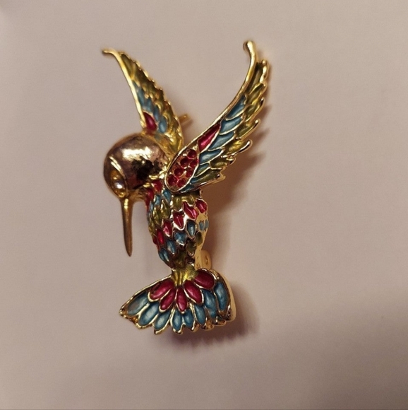 Vintage Hummingbird Brooch Pin Gold Tone Red & Sea Blue Enamel Pin NWOT - Picture 4 of 5